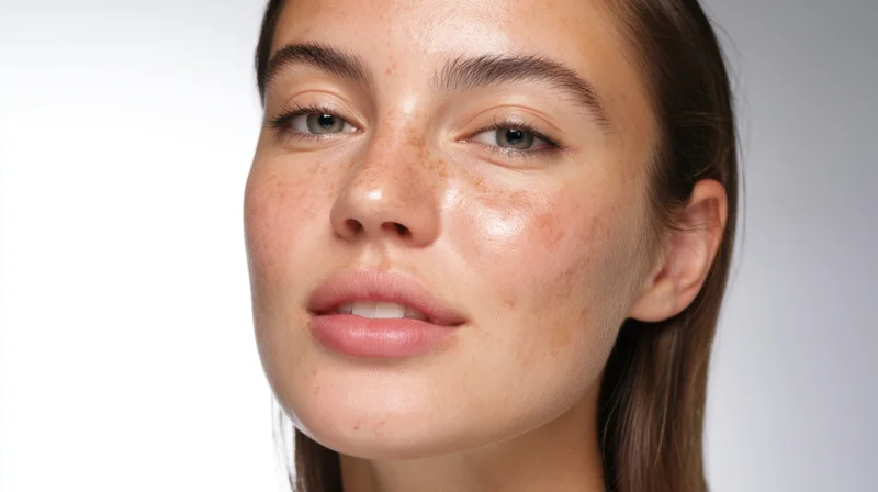 Closeup of a young woman's face showing freckles and natural skin texture against a white background