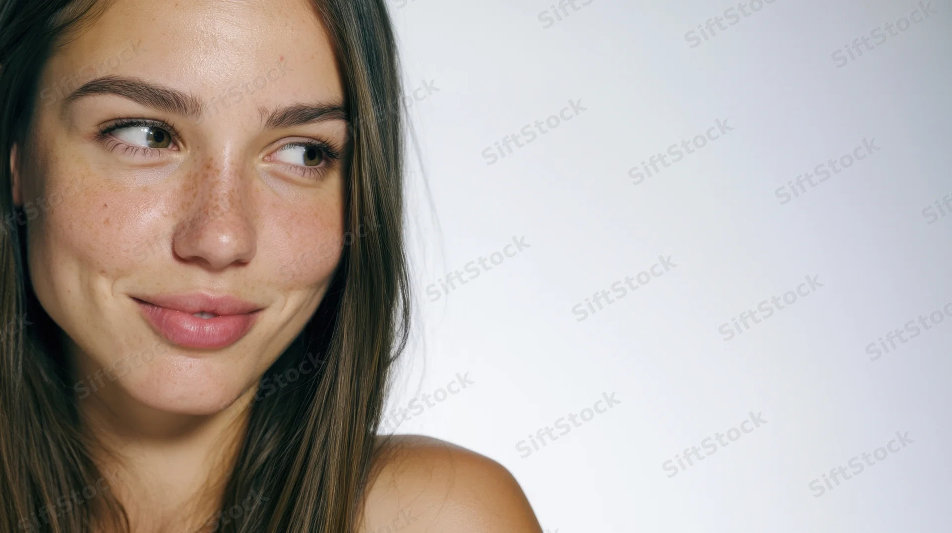 Young woman with freckles smiling slightly while looking to the side in studio portrait