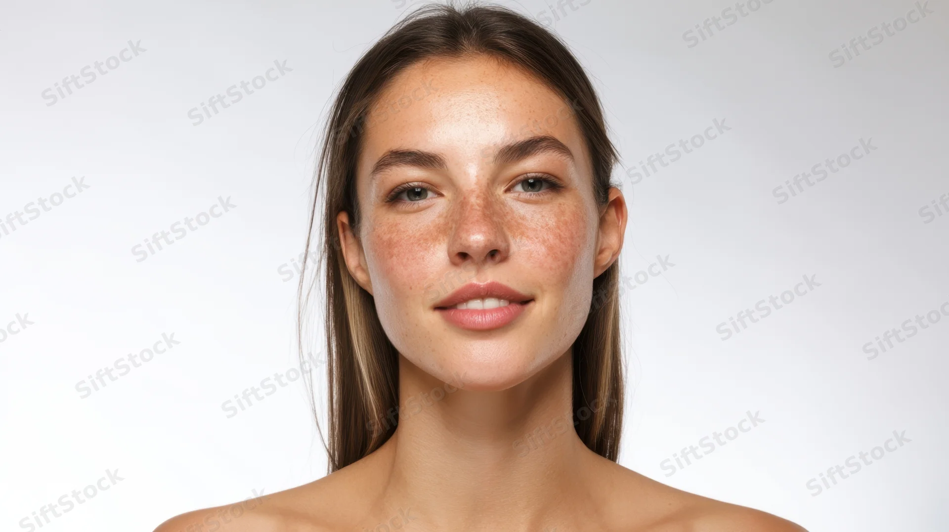 Young woman with freckles and natural skin in studio portrait against white background