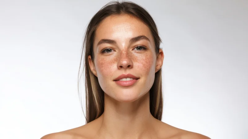 Young woman with freckles and natural skin in studio portrait against white background