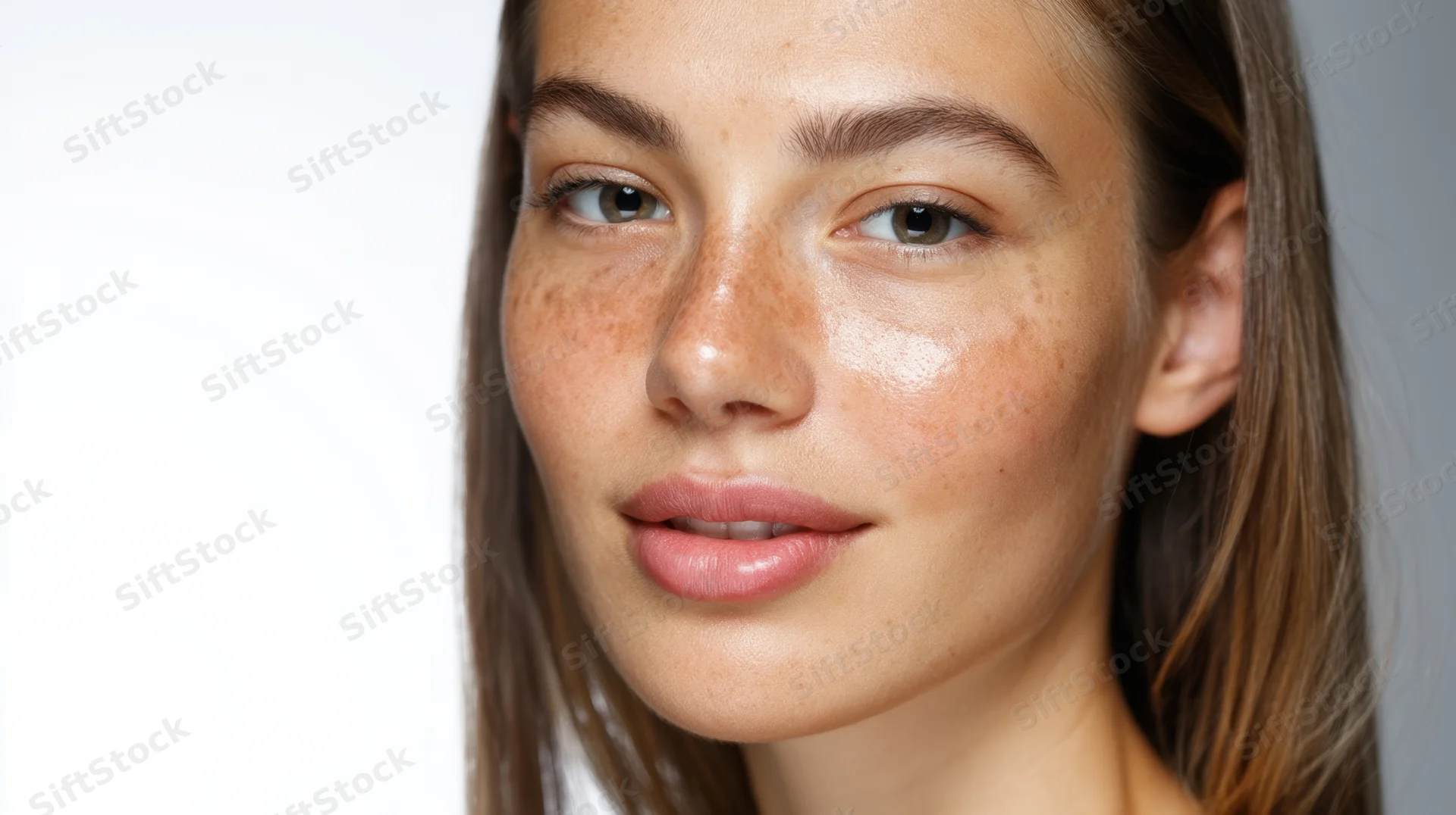 Closeup of a young woman's face showing natural skin with freckles and a healthy glow