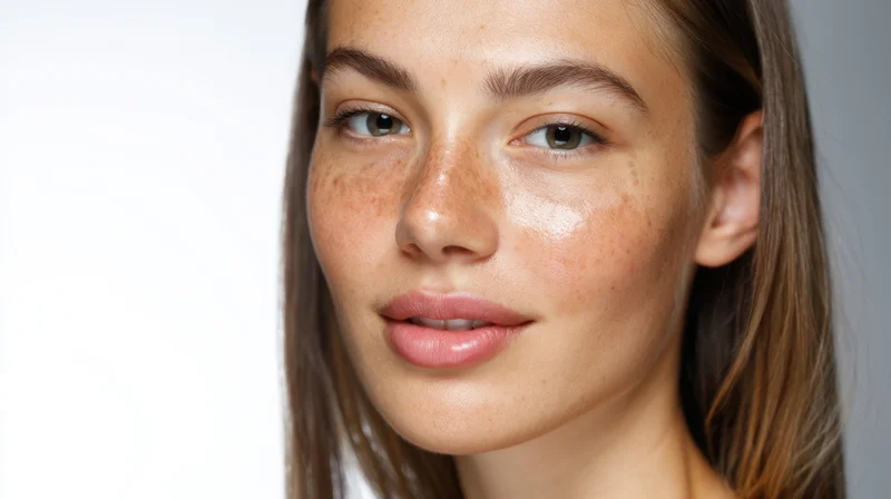 Closeup of a young woman's face showing natural skin with freckles and a healthy glow