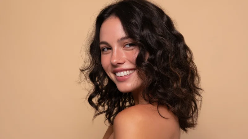 Young woman smiling with curly hair in studio portrait showing bare shoulder against beige background