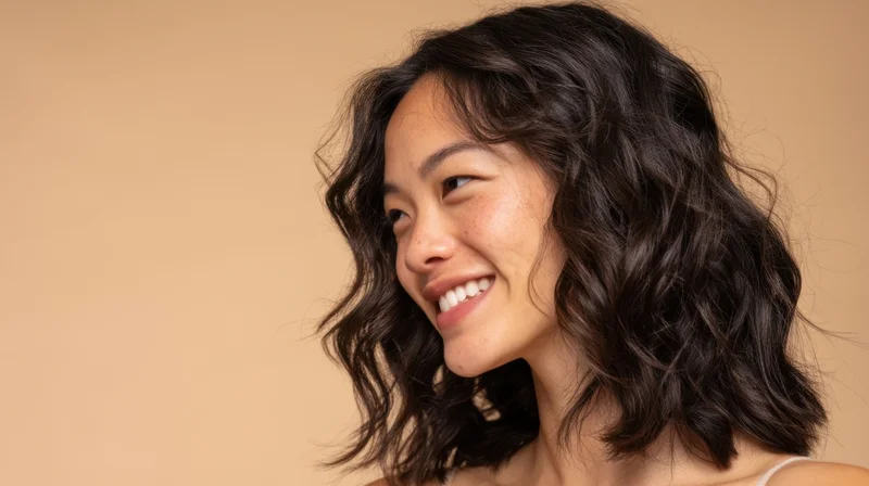 Young asian woman smiling with wavy dark hair in studio portrait against beige background
