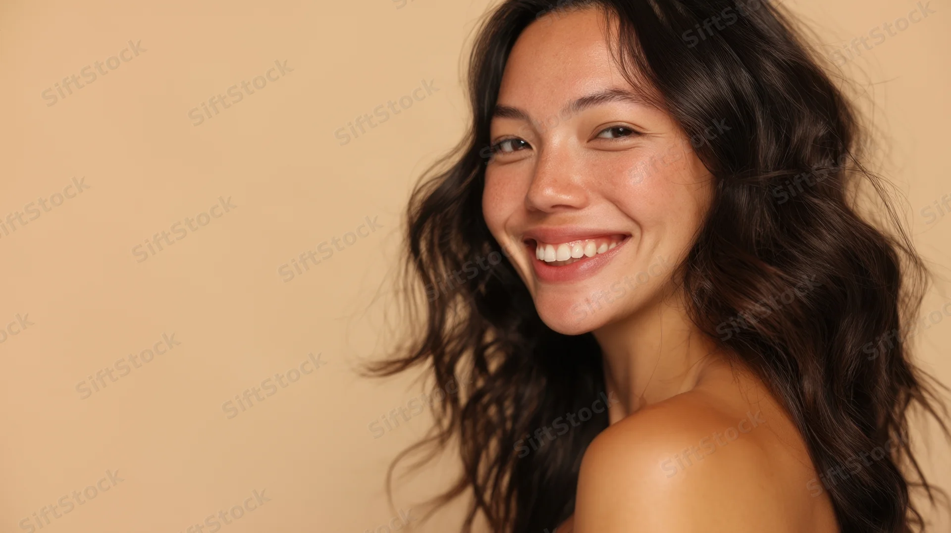 Young woman smiling with wavy dark hair in studio portrait against beige background