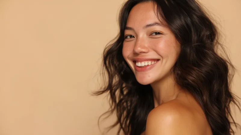 Young woman smiling with wavy dark hair in studio portrait against beige background