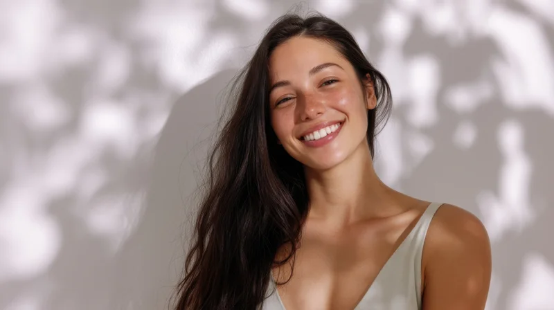 Young woman smiling with long dark hair in soft dappled sunlight indoors