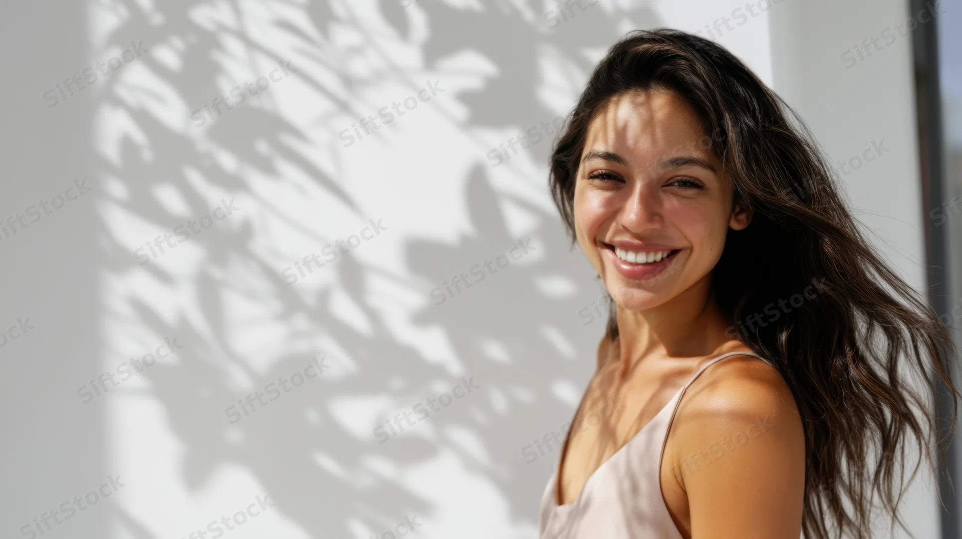 Young woman smiling with palm shadows on white wall outdoors