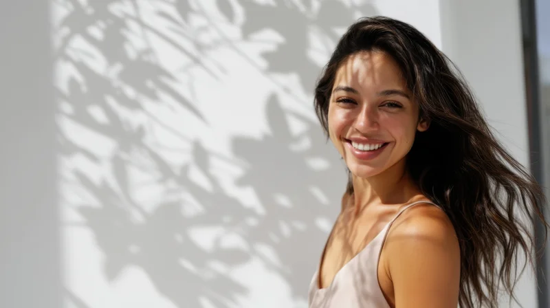 Young woman smiling with palm shadows on white wall outdoors