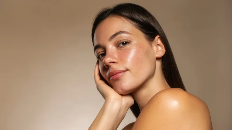 Young woman with glowing natural skin resting her chin on her hand in studio portrait