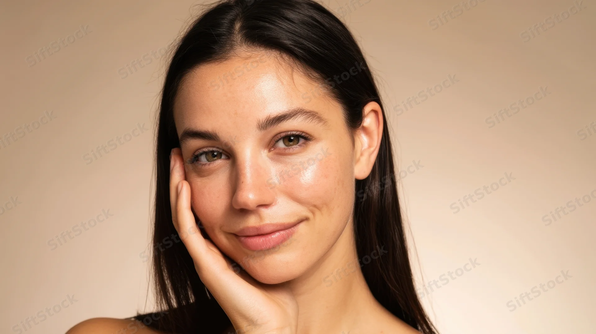 Young woman with hand on cheek smiling softly in studio portrait