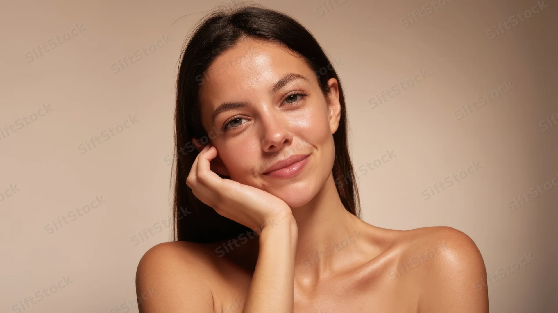 Young woman with smooth radiant skin resting hand on cheek in studio portrait