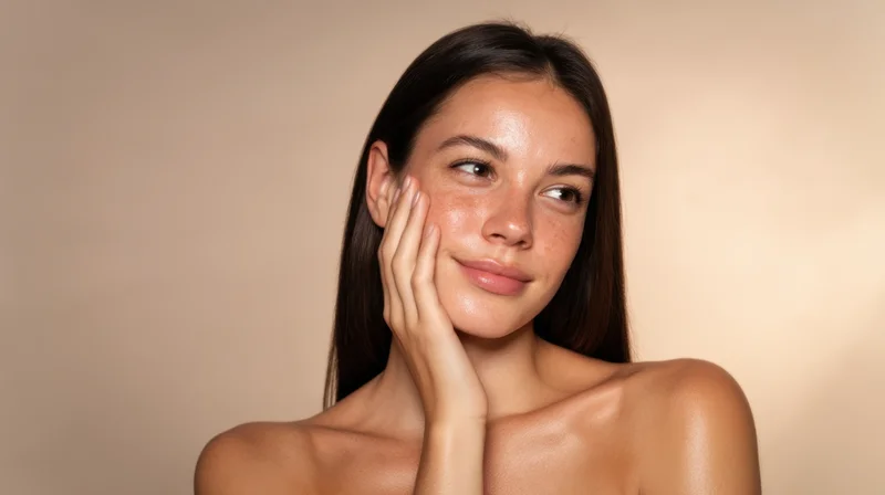 Young woman touching her face with hand, bare shoulders, soft studio lighting, beige background
