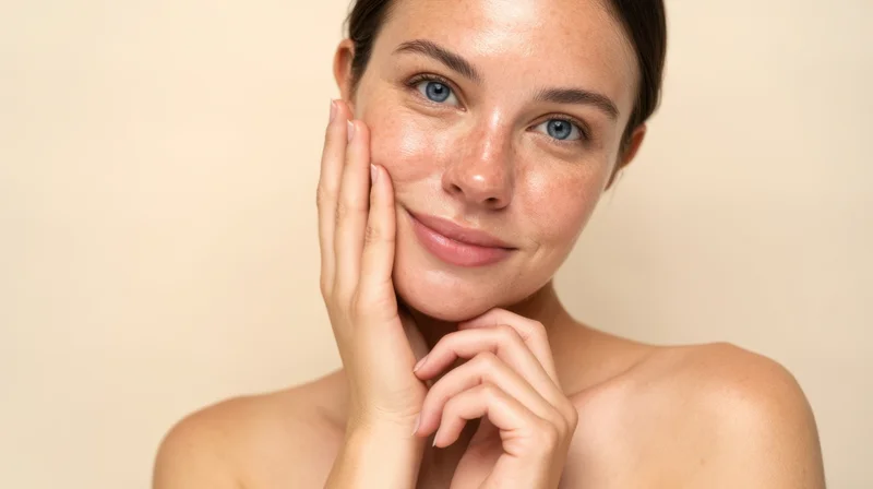 Young woman touching her face with hands, showing clear glowing skin against plain background