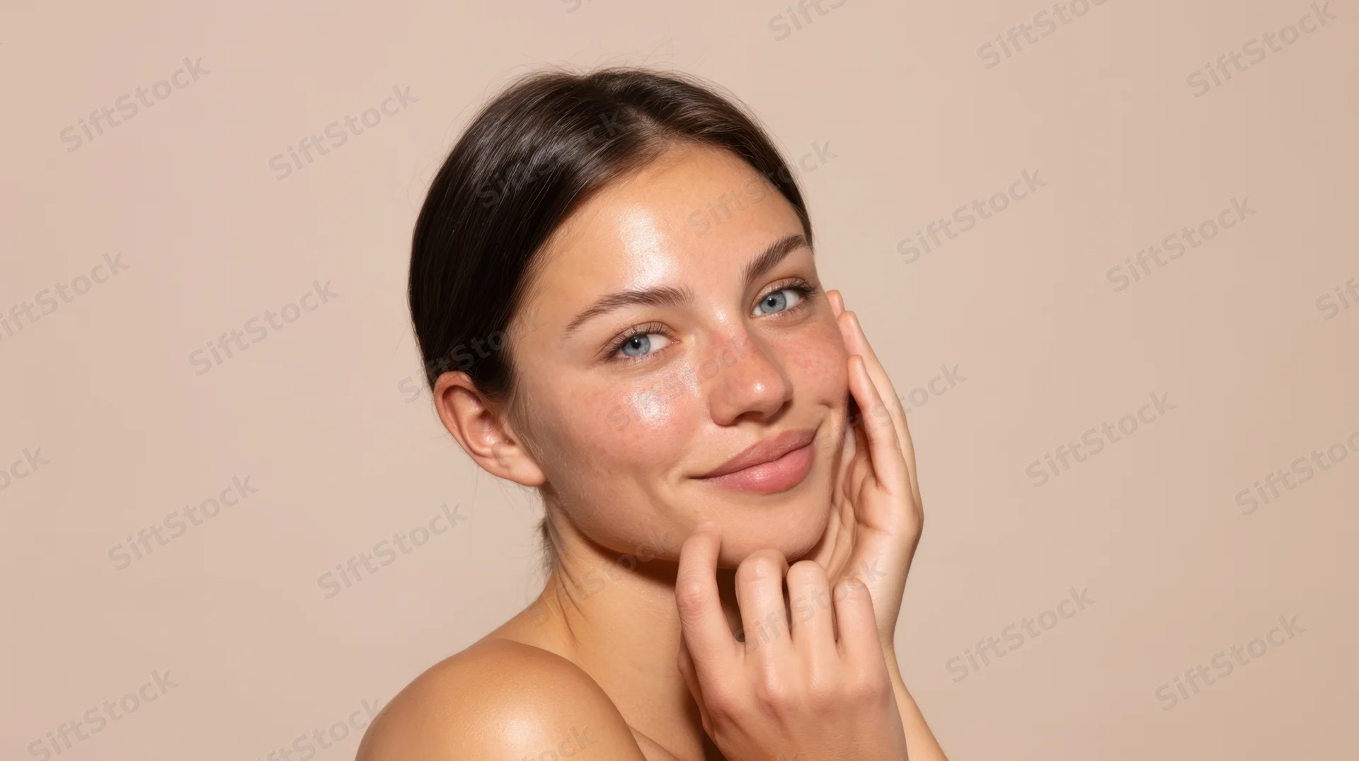 Young woman touching her face with hand, smiling softly in studio portrait