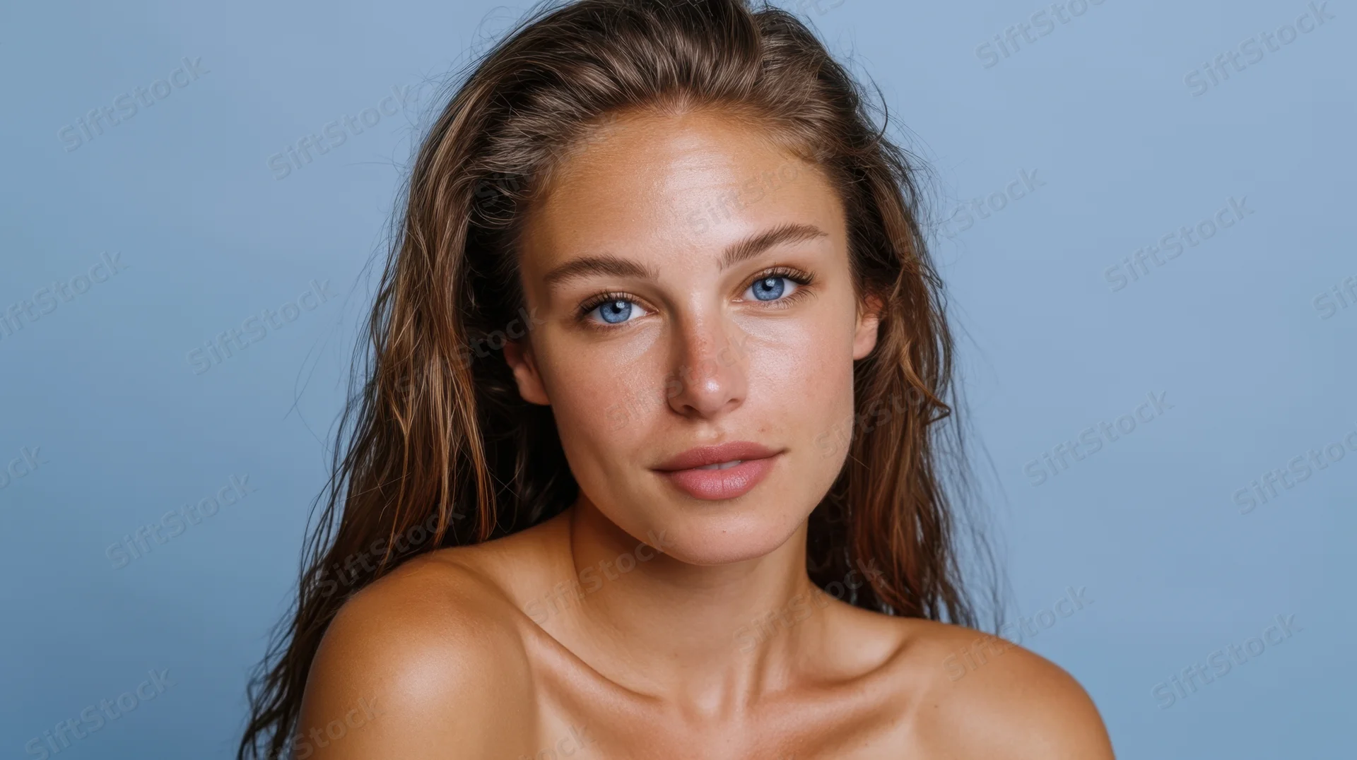 Young woman with blue eyes and wet hair looking directly at camera in studio portrait