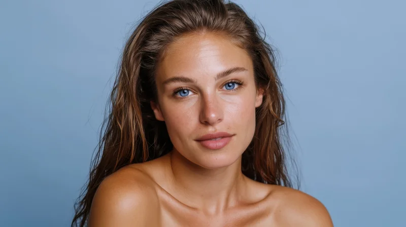 Young woman with blue eyes and wet hair looking directly at camera in studio portrait