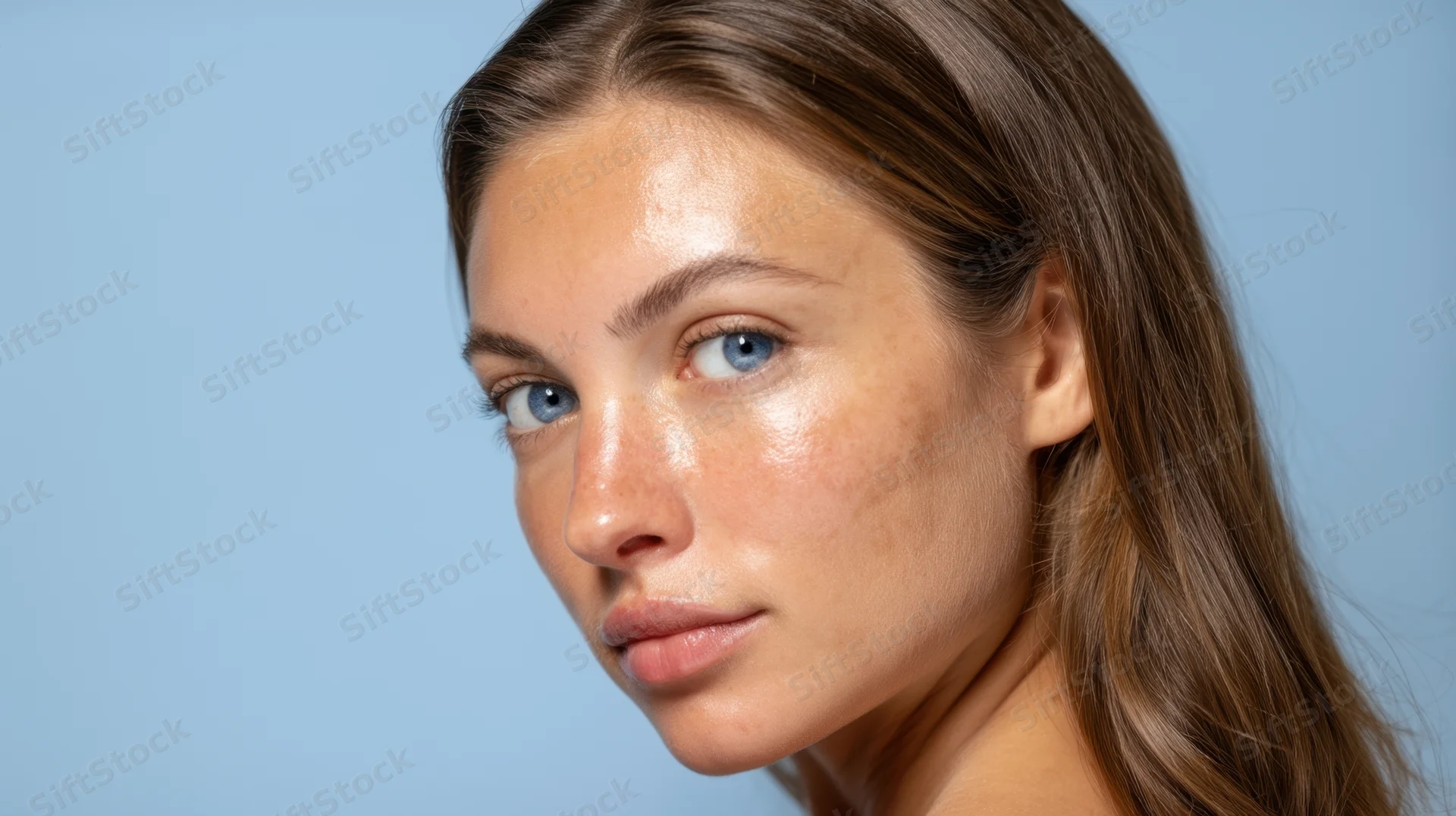 Young woman with freckled skin and blue eyes looking at camera against blue background