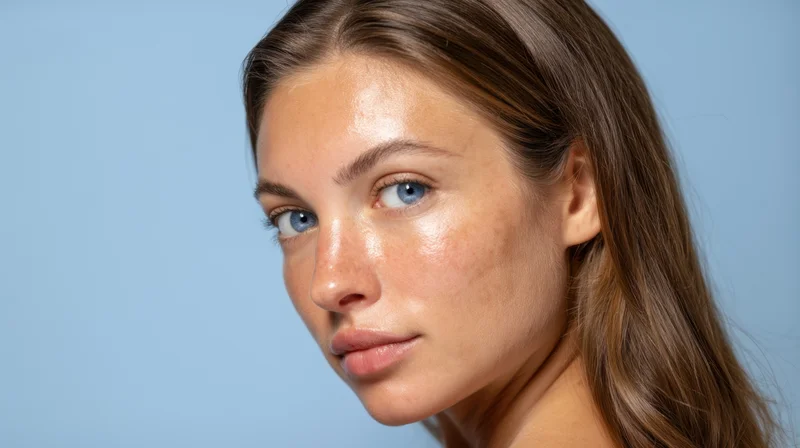 Young woman with freckled skin and blue eyes looking at camera against blue background