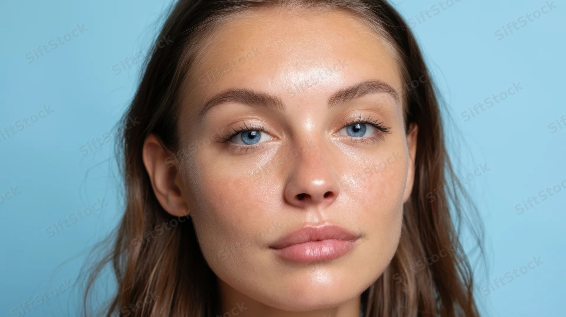 Closeup portrait of a young woman with clear skin and blue eyes against a solid blue background