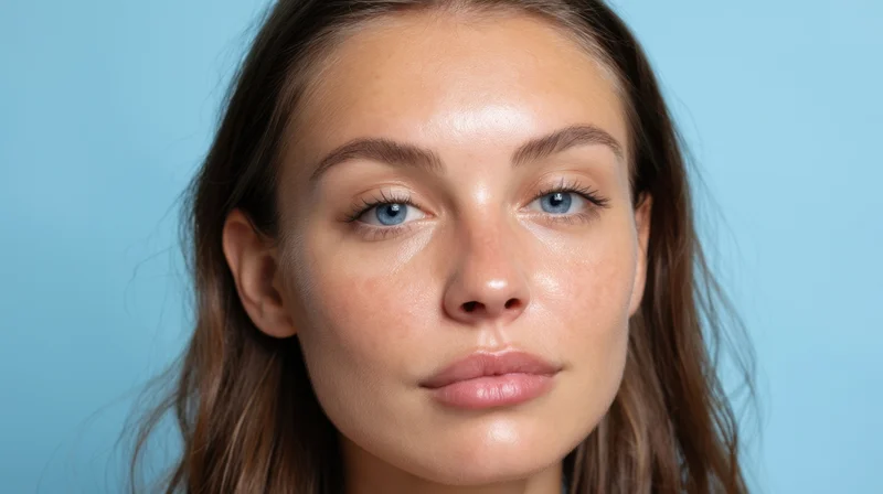 Closeup portrait of a young woman with clear skin and blue eyes against a solid blue background
