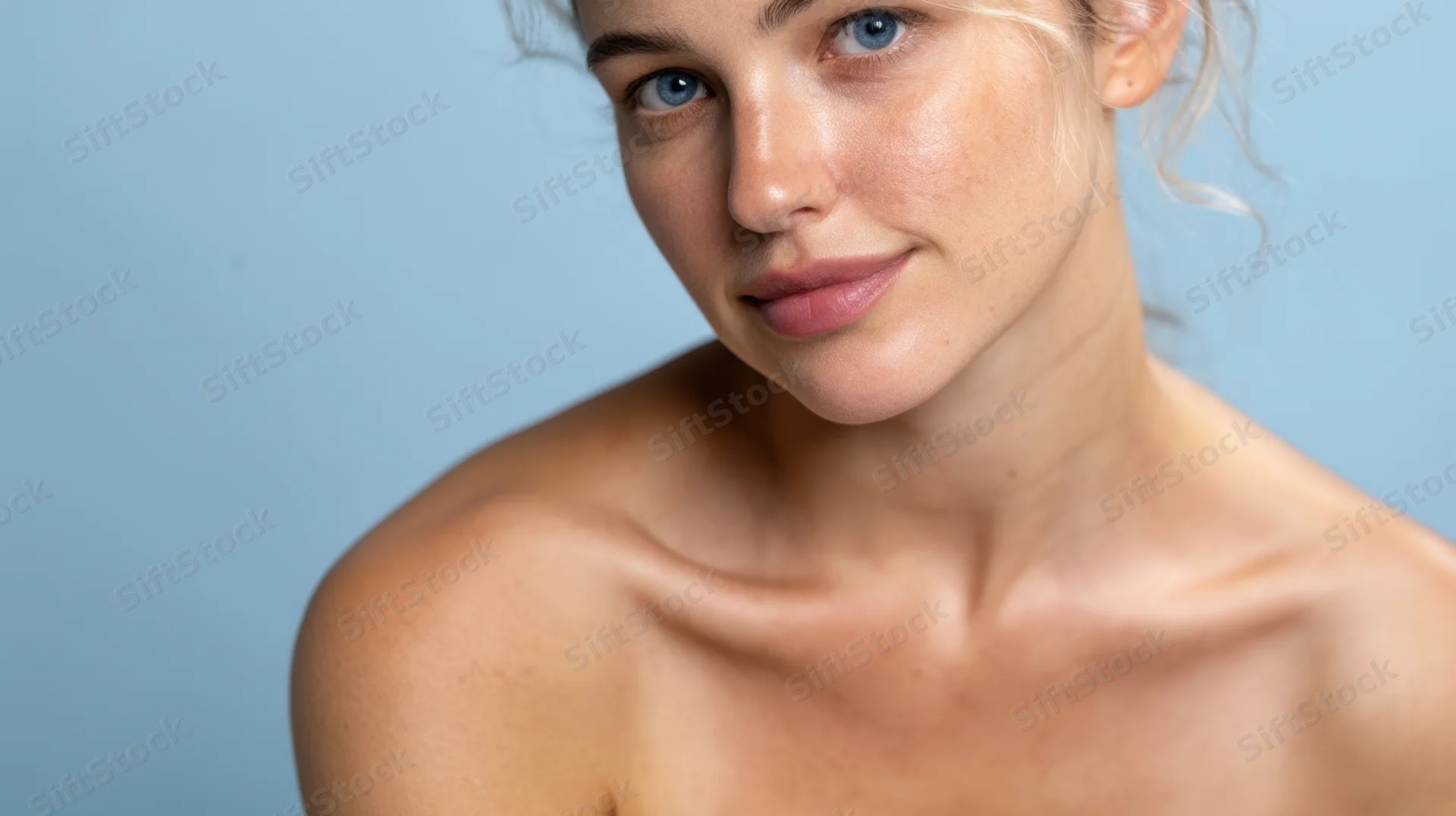 Young woman with bare shoulders and natural skin looking at camera against blue background