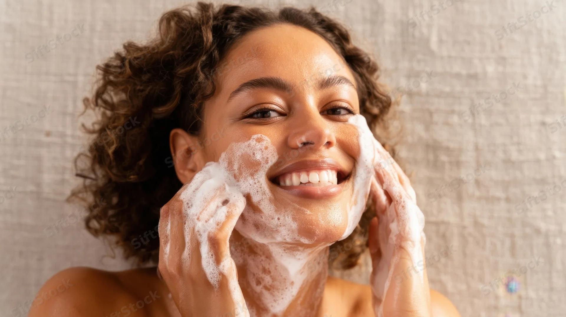 Young woman smiling while applying foamy cleanser to her face
