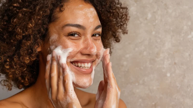 Young woman smiling while applying foaming cleanser to her face against a textured beige wall