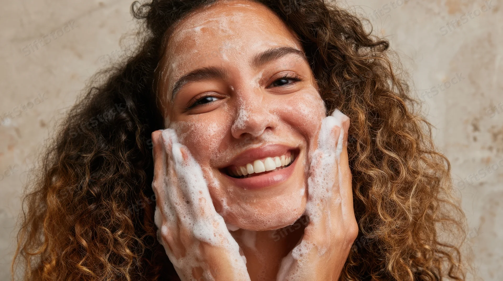Young woman smiling while washing her face with foam, curly hair framing her face
