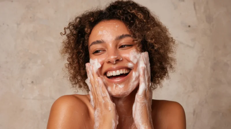 Young woman smiling while applying foam cleanser to her face