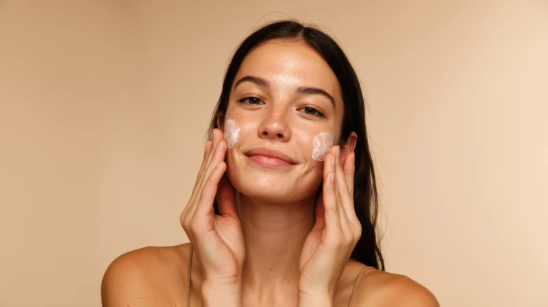 Young woman applying cream to her face with hands, smiling, against beige background