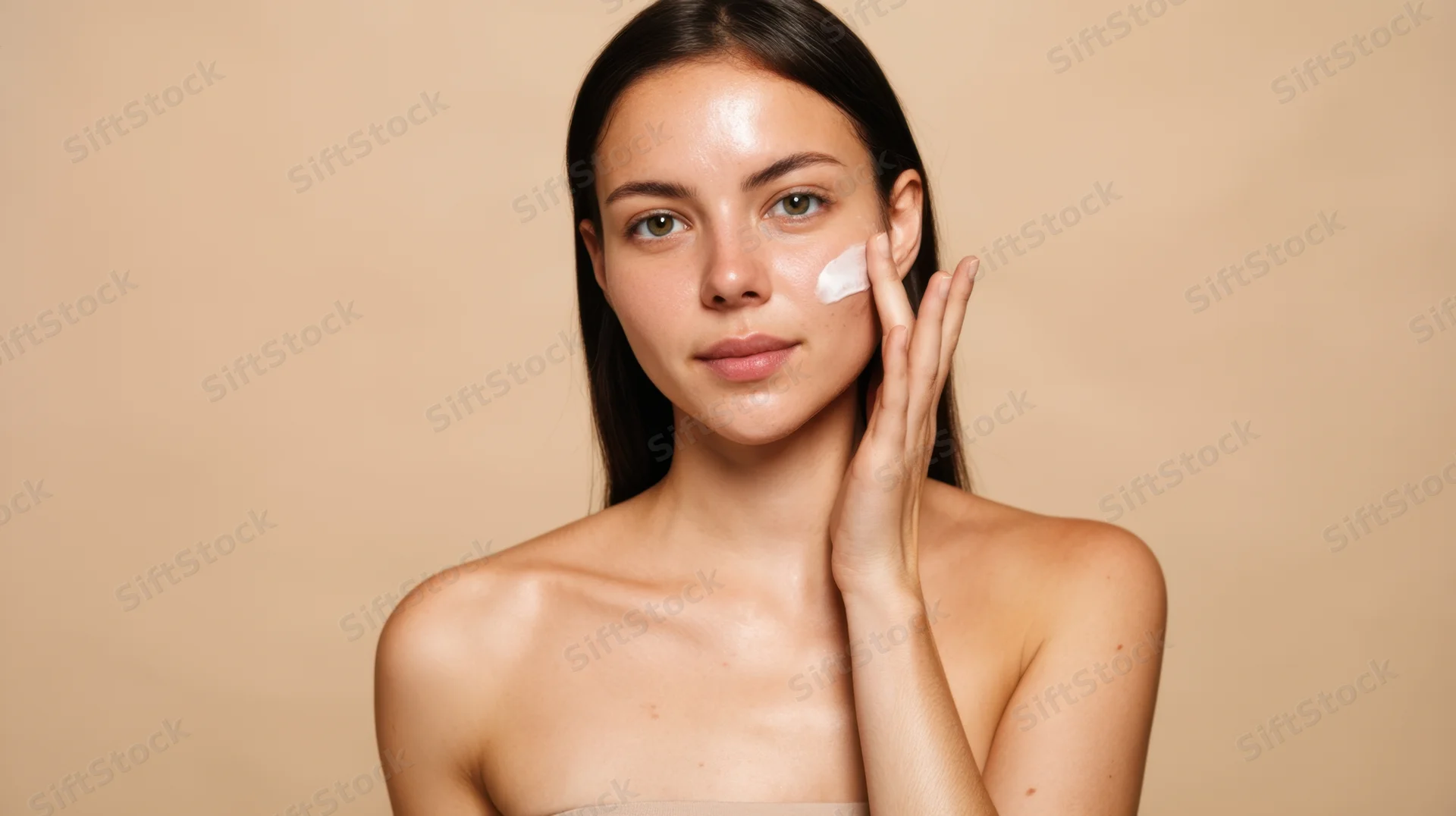 Young woman applying cream to her face against a beige background