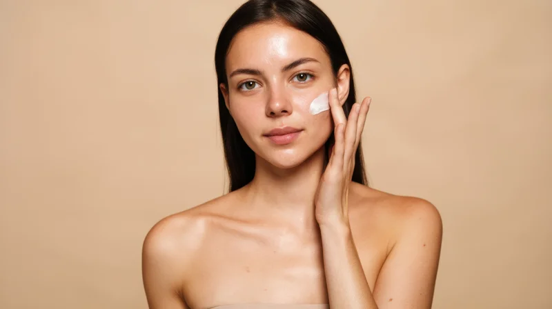 Young woman applying cream to her face against a beige background