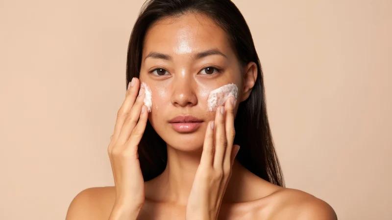 Young woman applying facial cleanser foam to her cheeks with hands