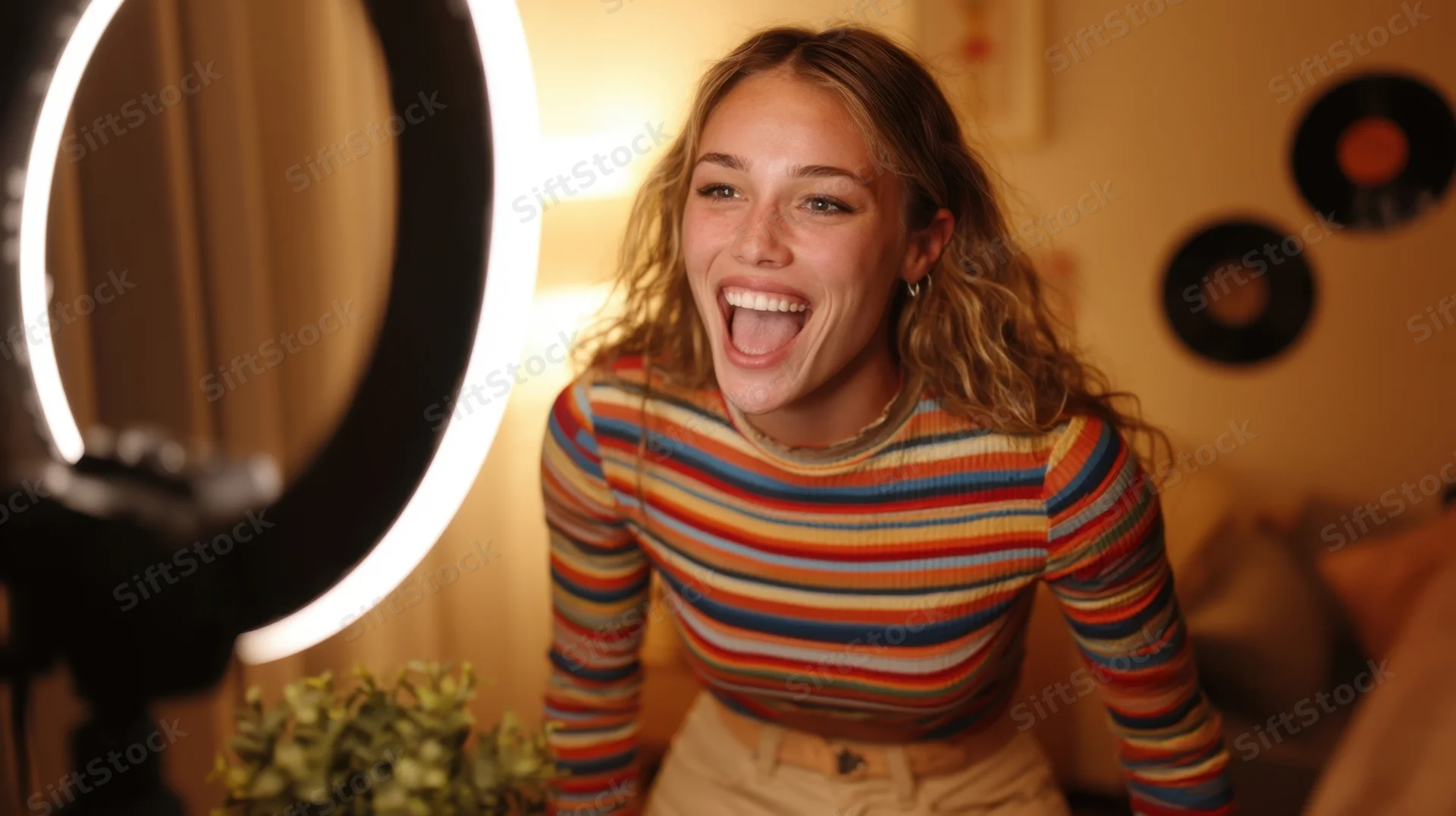 Young woman laughing in front of ringlight while recording video in her bedroom