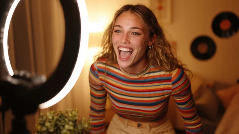 Young woman laughing in front of ringlight while recording video in her bedroom