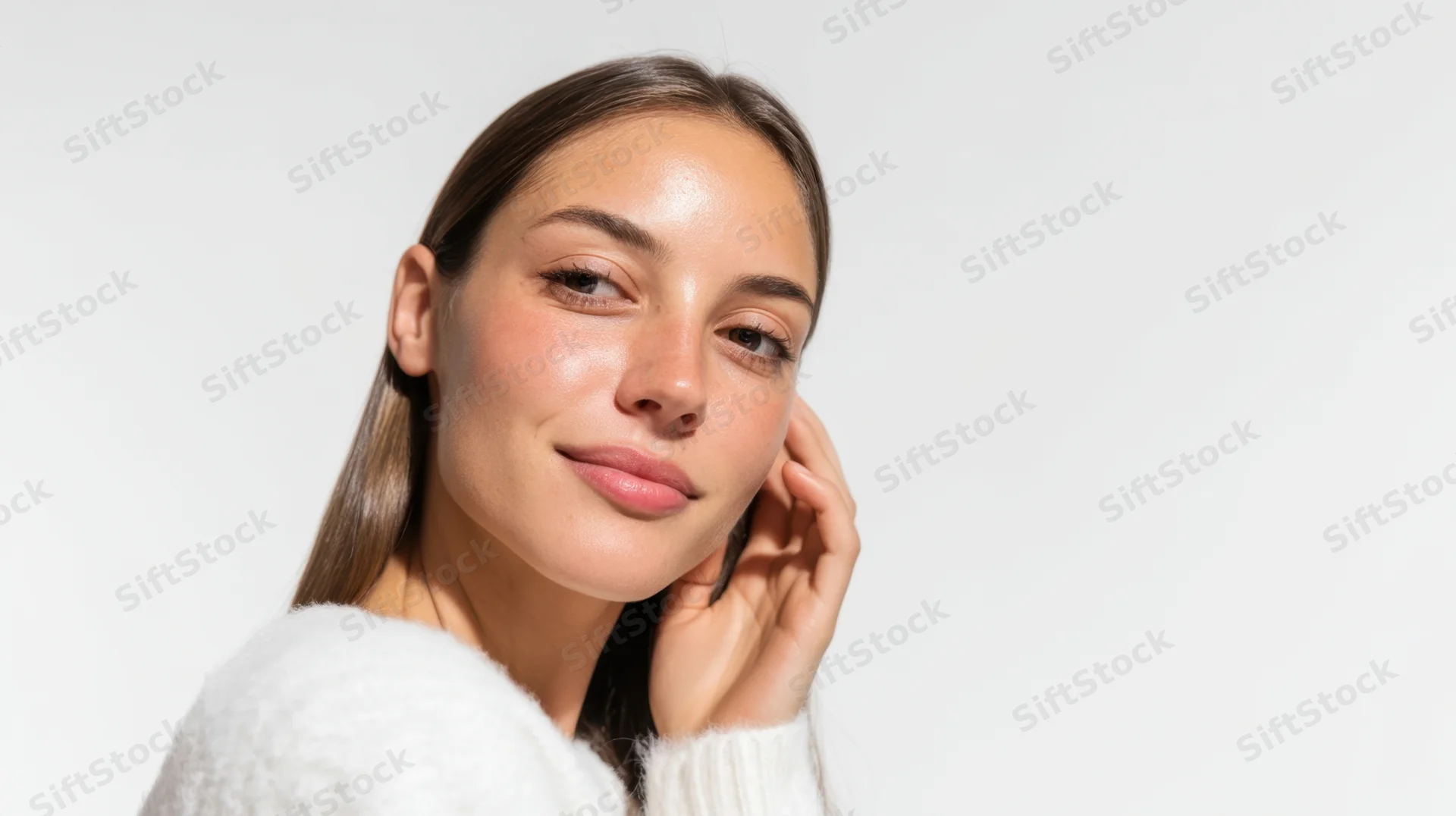 Young woman touching her face with hand, wearing white fluffy sweater, studio portrait