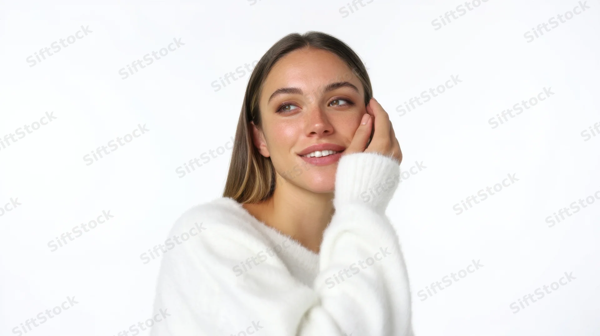 Young woman smiling with hand on cheek in white sweater against plain white background