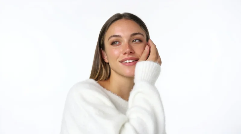 Young woman smiling with hand on cheek in white sweater against plain white background