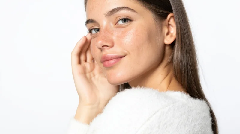 Young woman smiling with hand near face in white fleece sweater against white background