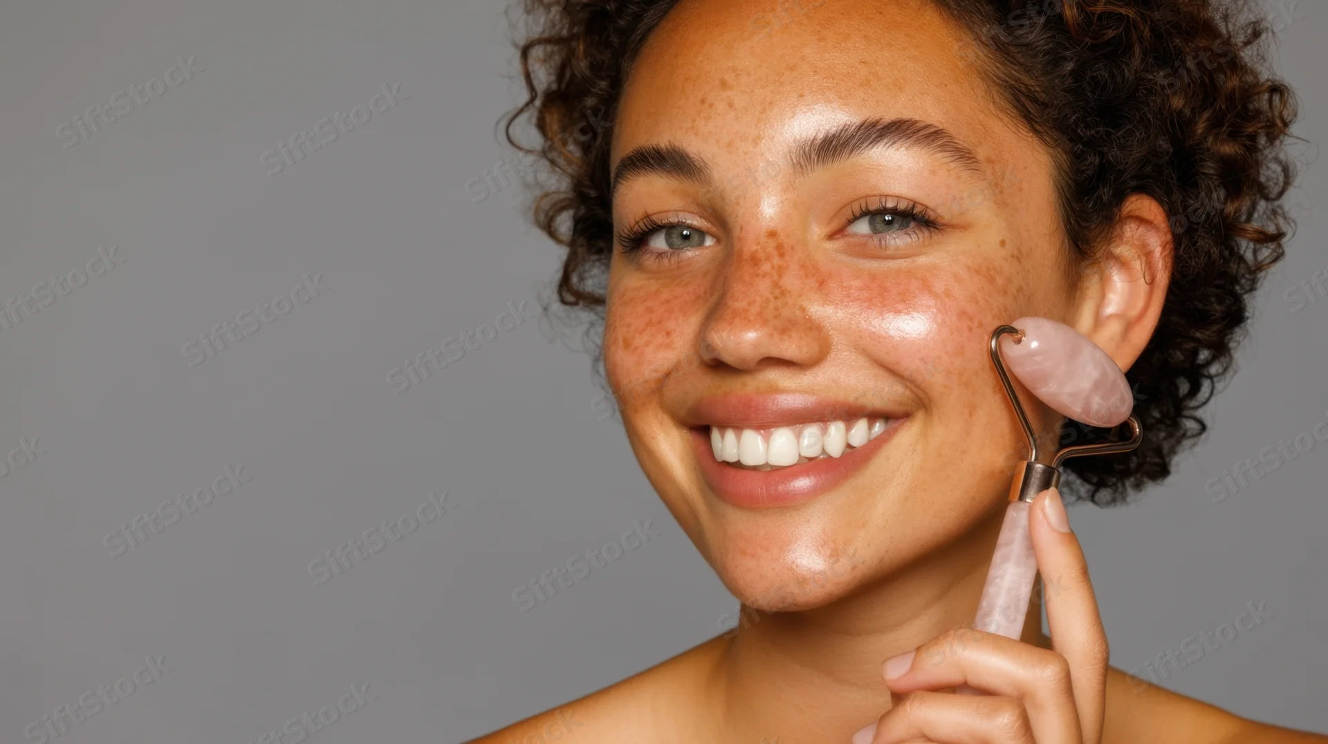 Young woman smiling while using a rose quartz facial roller on her cheek in a studio setting
