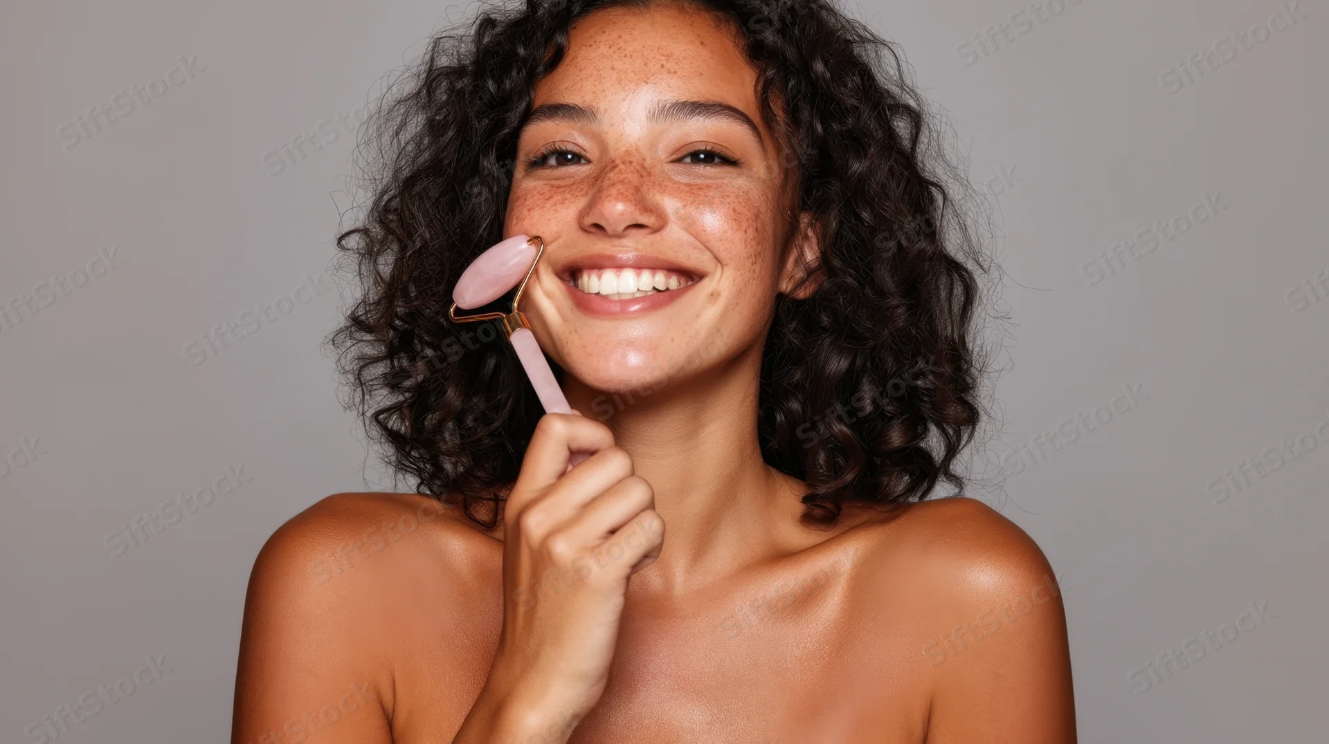 Young woman smiling while using a rose quartz facial roller on her face