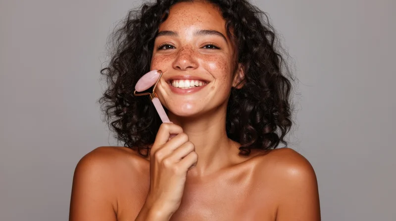 Young woman smiling while using a rose quartz facial roller on her face