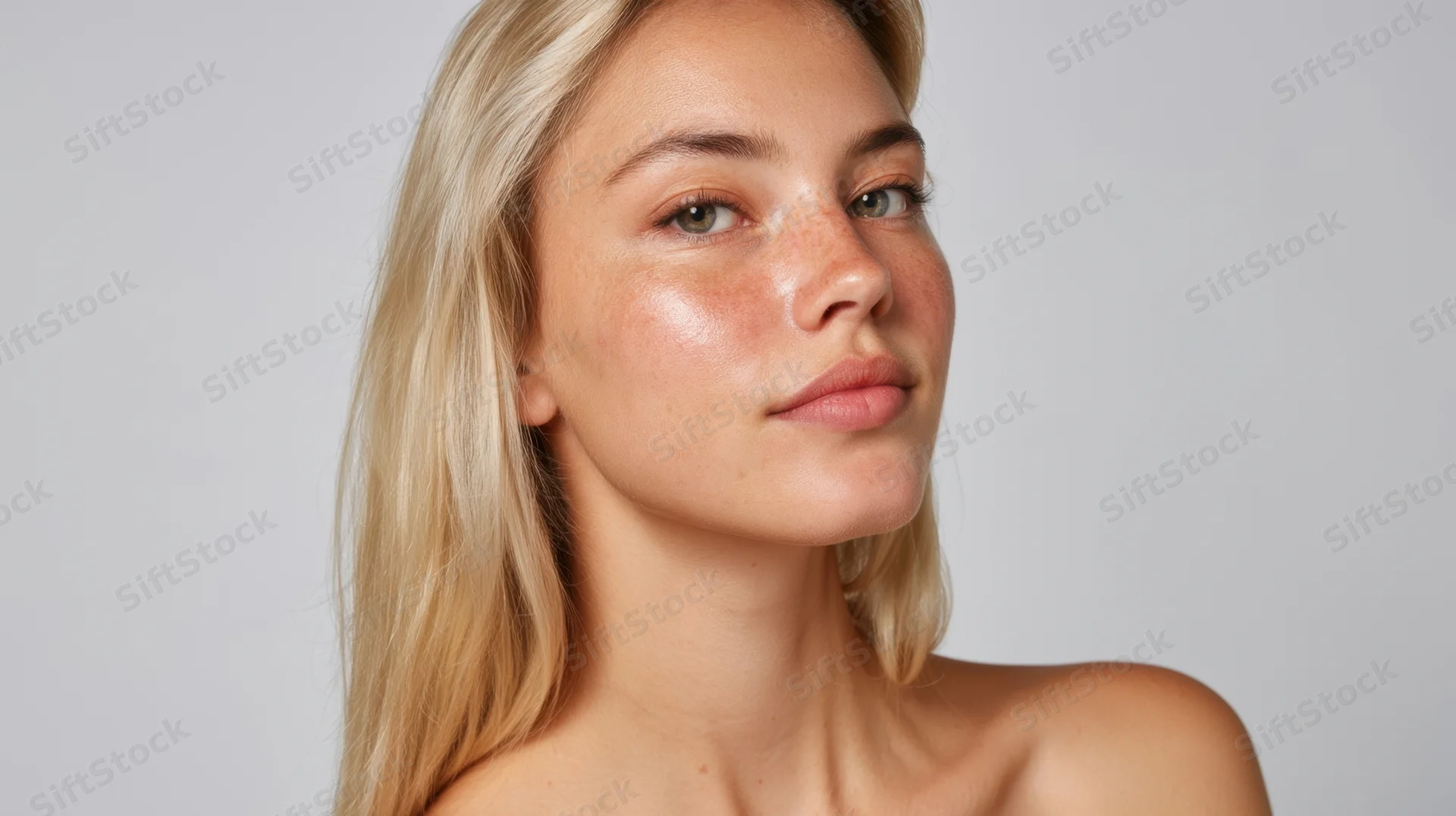 Young woman with fair skin and blonde hair in a studio portrait, facing slightly away with soft lighting