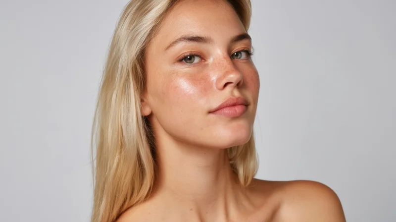 Young woman with fair skin and blonde hair in a studio portrait, facing slightly away with soft lighting