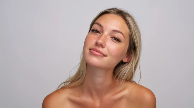 Young woman with clear skin and blonde hair posing in studio against white background