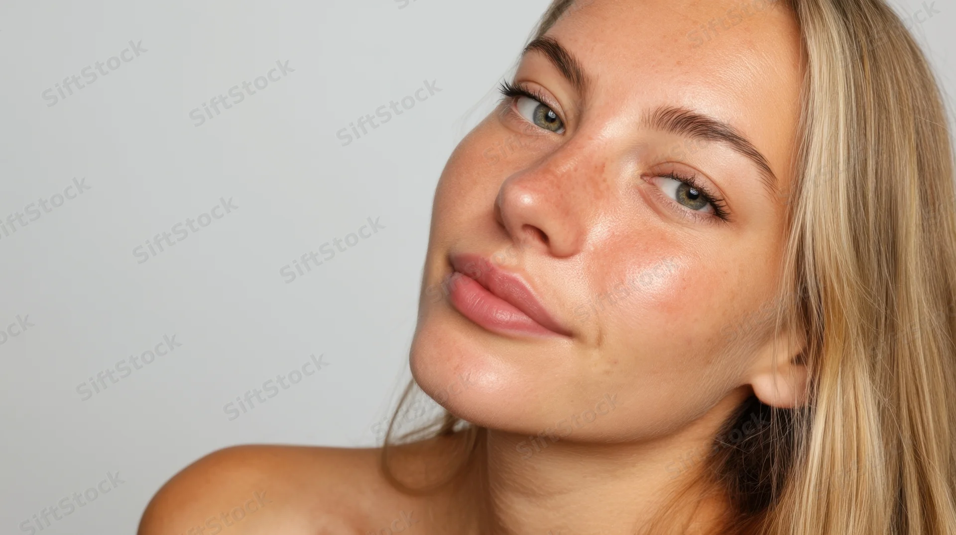 Young woman with natural glowing skin in studio portrait