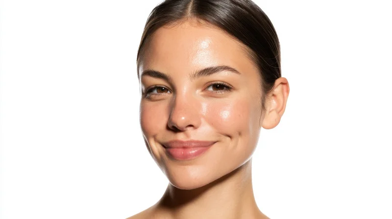 Young woman smiling with glowing skin against white background