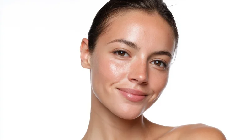 Young woman with smooth glowing skin smiling softly in studio portrait against white background