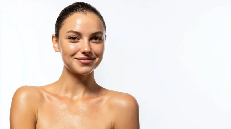 Young woman with smooth radiant skin smiling in studio portrait with white background and copyspace